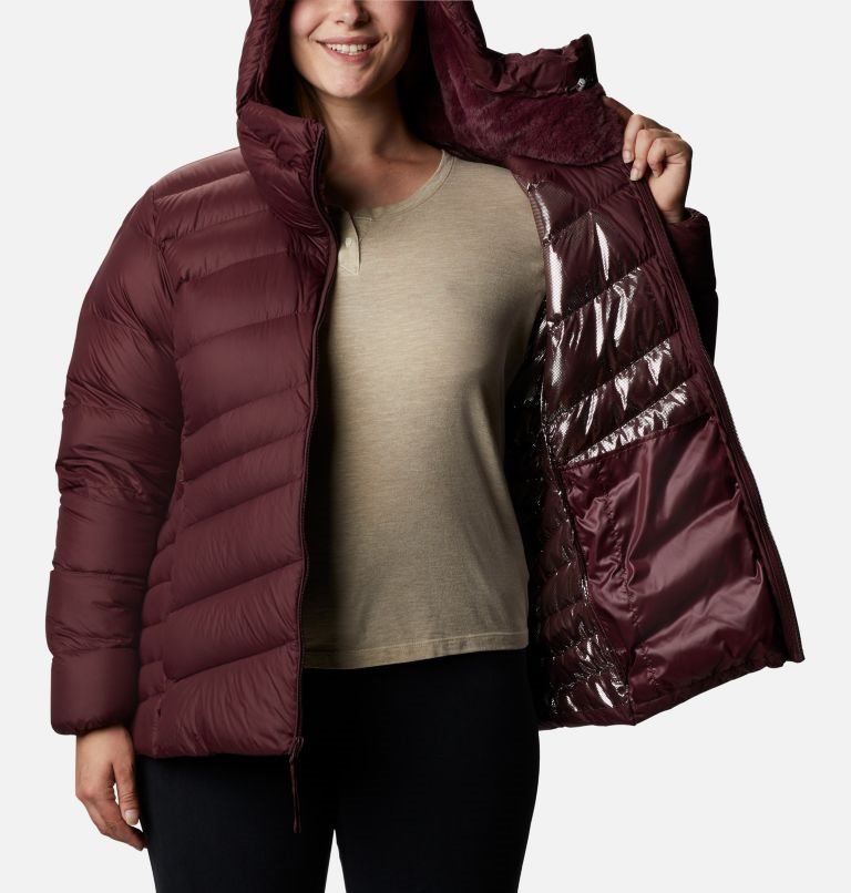 Women's Columbia Autumn Park Hooded Down Jackets Burgundy | Plus Size CA-ZAC61